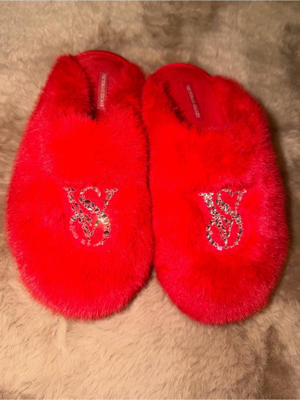 Victoria's Secret Red Fuzzy Logo Slip-On Slippers